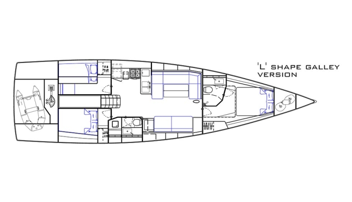 Layouten kan varieras med L-format pentry vid trappan eller intill huvudskottet. Kojer ovan varandra, eller en bred anpassar varvet efter vad kunder vill ha. 9ICE5210layout