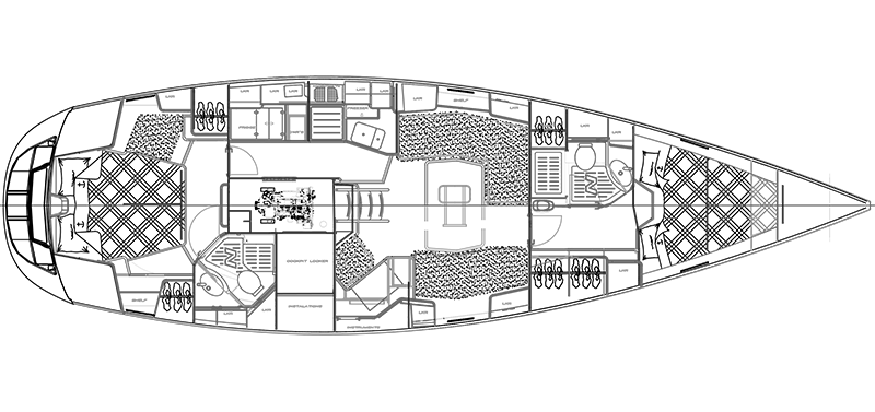 I layouten är akterkabinen och förpiken prioriterade medan salongen är till för umgänge. Mittsittbrunnen ger ståhöjd i gången. 10layout